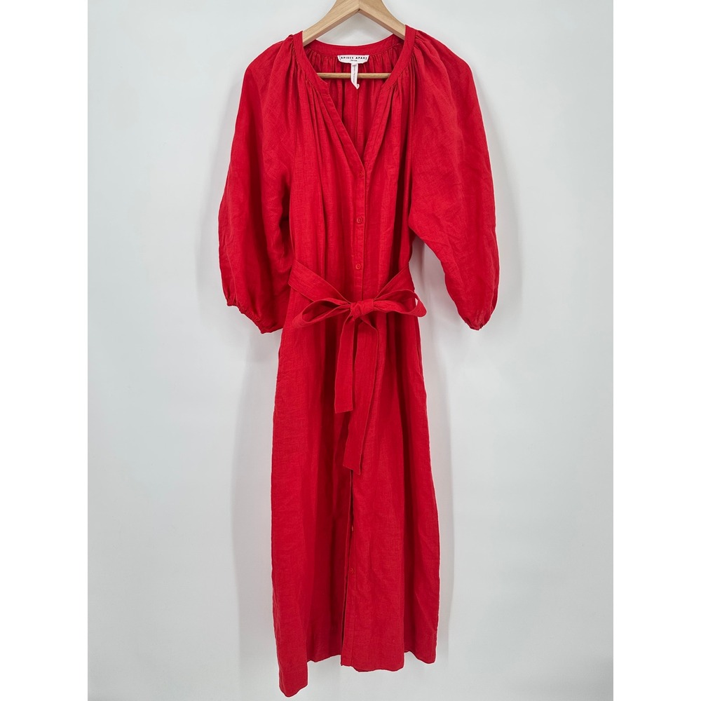 Apiece Apart Mitte Chili Red Linen Button Front Shift Midi Dress Belted Size 4 - Picture 1 of 8